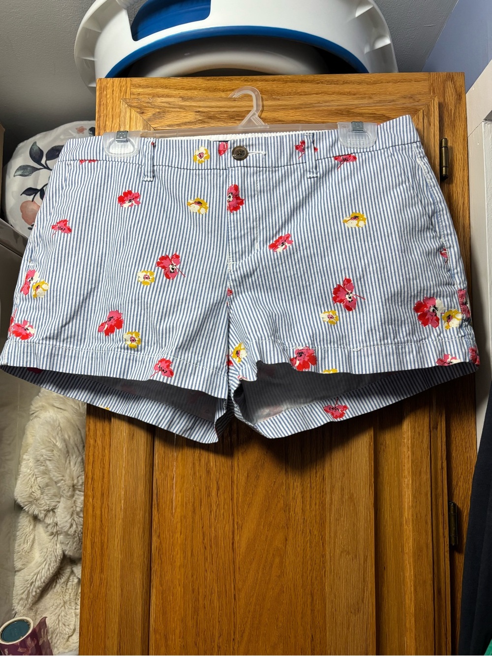 Pinstriped Floral Women’s Casual Shorts - Blue/White with Red & Yellow Flowers